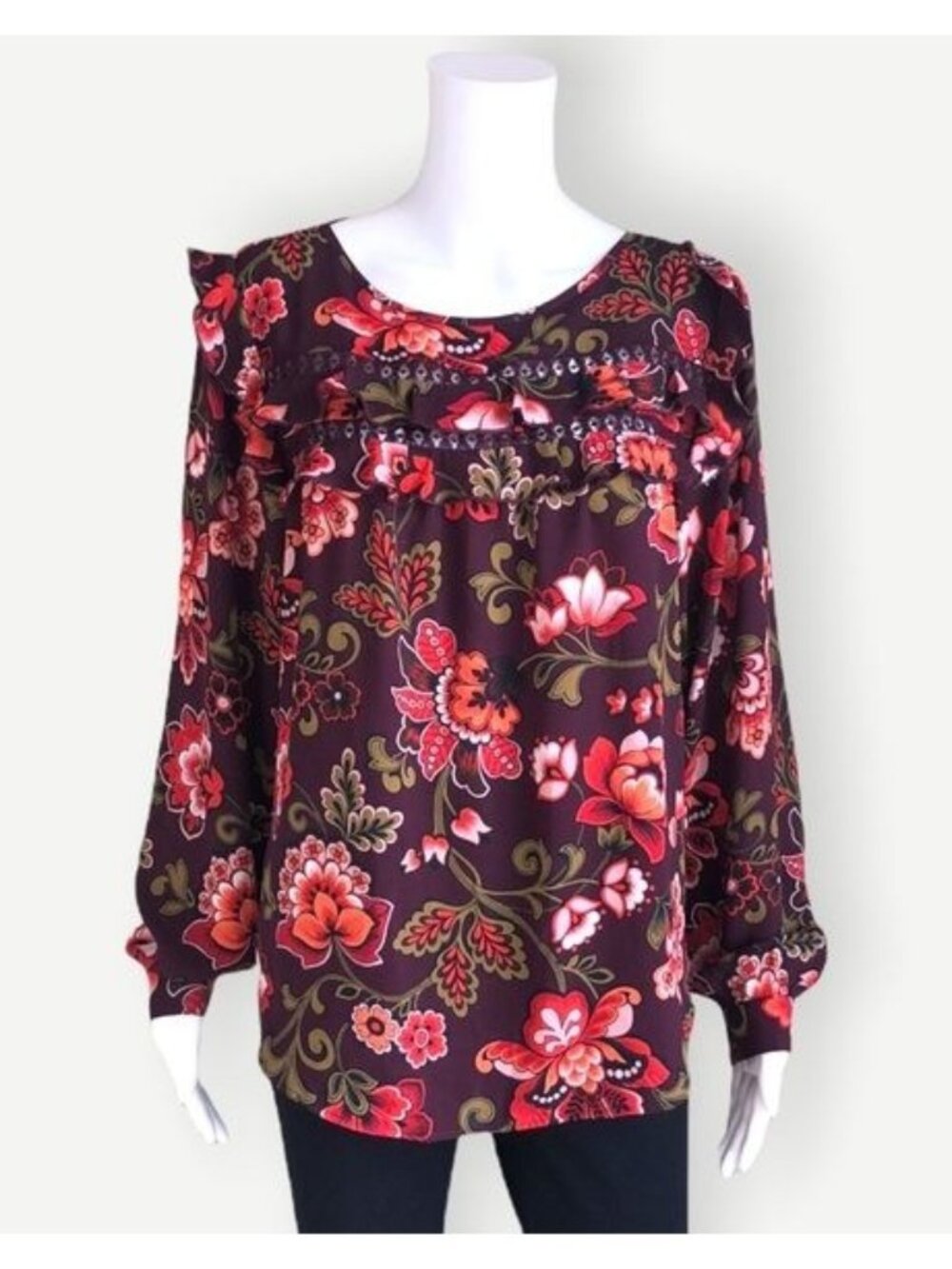 LOFT Long Sleeve Ruffle Detail Top Floral Burgundy - M